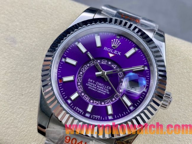 ロレックスコピー スカイ・デューラー（Sky-Dweller）42mm 326138“パープル・ダイヤル・ゴールド・インデックス＋リングコマンド機能搭載三角坑紋ベゼル＋オイスターブレスレット” レディース専用モデル