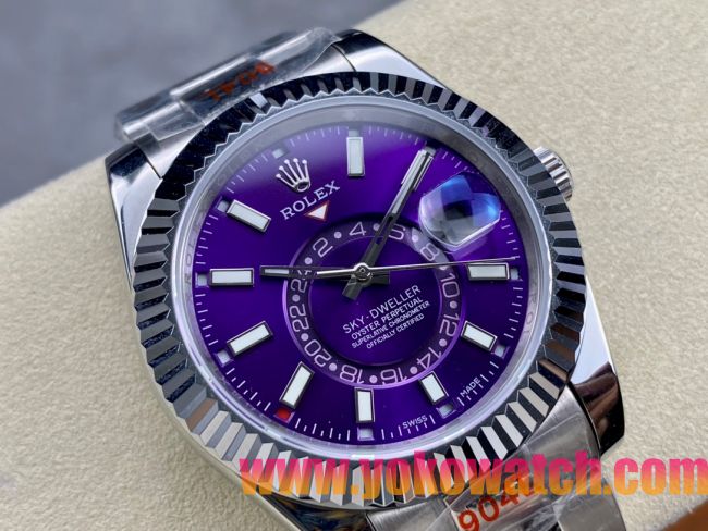 ロレックスコピー スカイ・デューラー（Sky-Dweller）42mm 326138“パープル・ダイヤル・ゴールド・インデックス＋リングコマンド機能搭載三角坑紋ベゼル＋オイスターブレスレット” レディース専用モデル