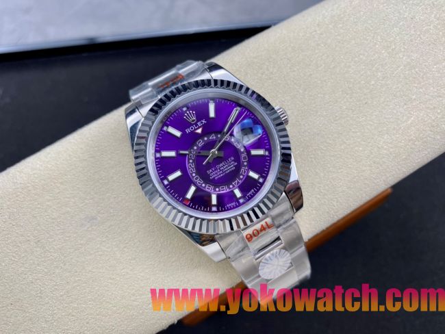 ロレックスコピー スカイ・デューラー（Sky-Dweller）42mm 326138“パープル・ダイヤル・ゴールド・インデックス＋リングコマンド機能搭載三角坑紋ベゼル＋オイスターブレスレット” レディース専用モデル