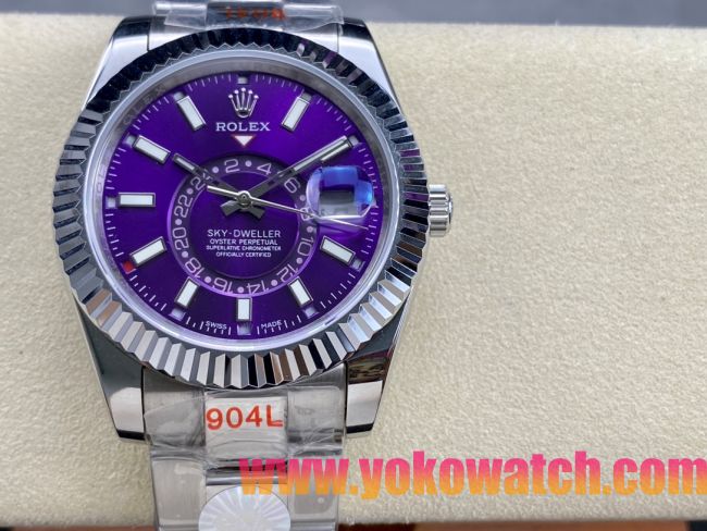 ロレックスコピー スカイ・デューラー（Sky-Dweller）42mm 326138“パープル・ダイヤル・ゴールド・インデックス＋リングコマンド機能搭載三角坑紋ベゼル＋オイスターブレスレット” レディース専用モデル