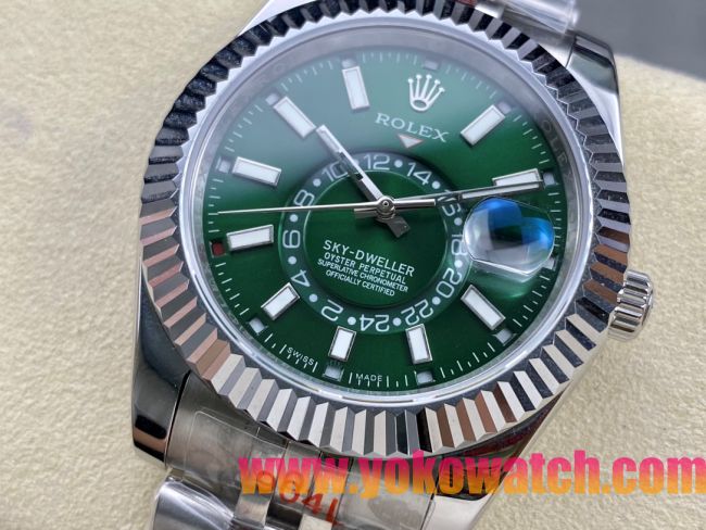 ロレックスコピー スカイ・デューラー（Sky-Dweller）42mm 326138“グリーン・ダイヤル・シルバー・インデックス＋リングコマンド機能搭載三角坑紋ベゼル＋オイスターブレスレット” レディース専用モデル