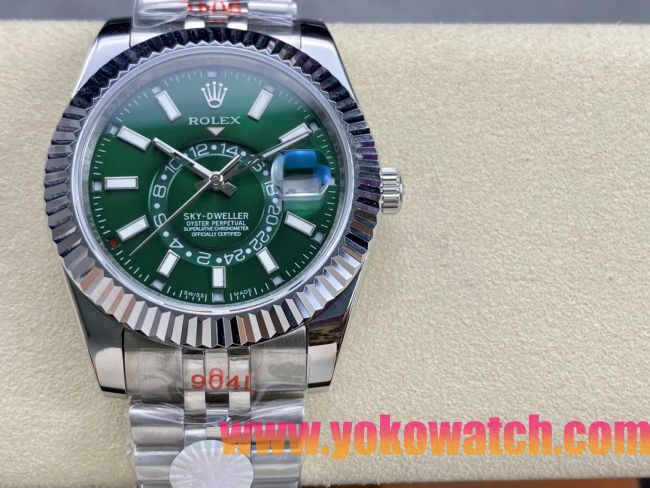 ロレックスコピー スカイ・デューラー（Sky-Dweller）42mm 326138“グリーン・ダイヤル・シルバー・インデックス＋リングコマンド機能搭載三角坑紋ベゼル＋オイスターブレスレット” レディース専用モデル