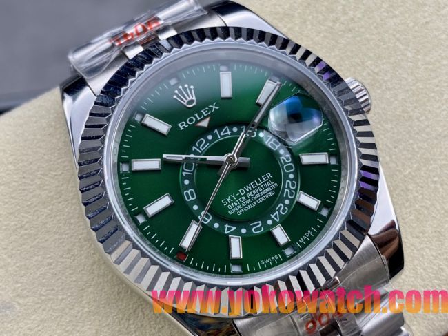 ロレックスコピー スカイ・デューラー（Sky-Dweller）42mm 326138“グリーン・ダイヤル・シルバー・インデックス＋リングコマンド機能搭載三角坑紋ベゼル＋オイスターブレスレット” レディース専用モデル