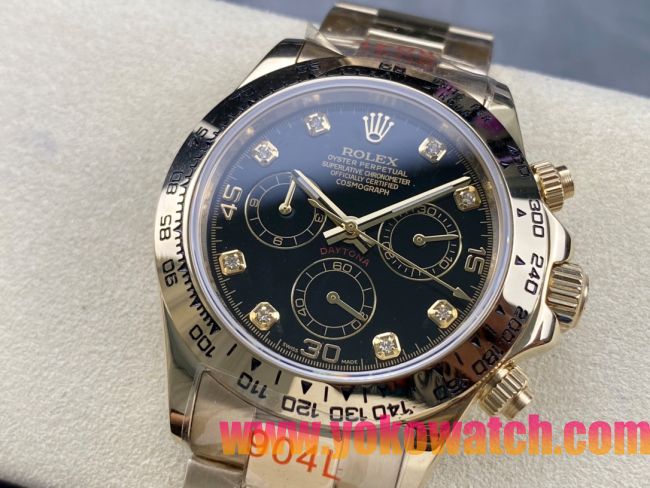 ロレックスコピー コスモグラフ デイトナ（Cosmograph Daytona）40mm 116528“ブラック・ダイヤル・ダイヤモンドインデックス＋ゴールド・ケース＋オイスターブレスレット” レディース専用モデル