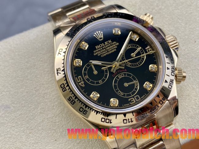 ロレックスコピー コスモグラフ デイトナ（Cosmograph Daytona）40mm 116528“ブラック・ダイヤル・ダイヤモンドインデックス＋ゴールド・ケース＋オイスターブレスレット” レディース専用モデル