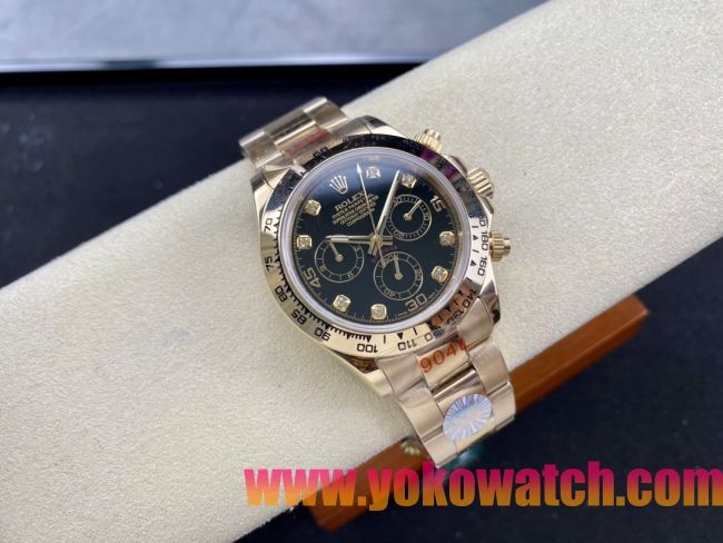 ロレックスコピー コスモグラフ デイトナ（Cosmograph Daytona）40mm 116528“ブラック・ダイヤル・ダイヤモンドインデックス＋ゴールド・ケース＋オイスターブレスレット” レディース専用モデル