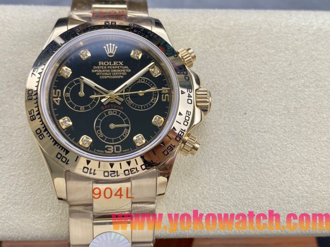 ロレックスコピー コスモグラフ デイトナ（Cosmograph Daytona）40mm 116528“ブラック・ダイヤル・ダイヤモンドインデックス＋ゴールド・ケース＋オイスターブレスレット” レディース専用モデル
