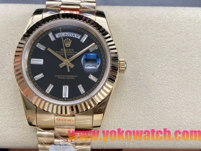 ロレックスコピー デイデイト（Day-Date）40mm 228238“ブラック・ダイヤル＋ダイヤモンドインデックス＋イエローゴールドケース＋オysterブレスレット” レディース専用モデル