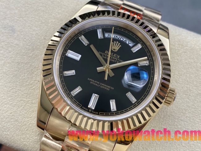 ロレックスコピー デイデイト（Day-Date）40mm 228238“ブラック・ダイヤル＋ダイヤモンドインデックス＋イエローゴールドケース＋オysterブレスレット” レディース専用モデル