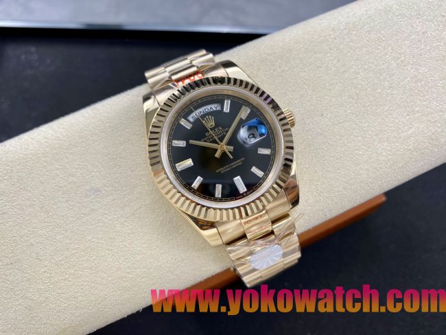 ロレックスコピー デイデイト（Day-Date）40mm 228238“ブラック・ダイヤル＋ダイヤモンドインデックス＋イエローゴールドケース＋オysterブレスレット” レディース専用モデル