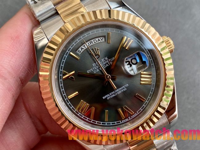ロレックスコピー デイデイト（Day-Date）41mm 228238“グレー・ダイヤル＋ゴールドインデックス＋イエローゴールドベゼル＋オイスターブレスレット” レディース専用モデル