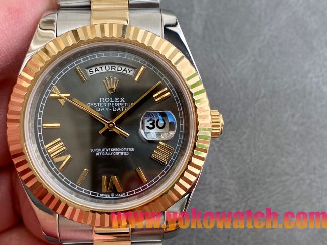 ロレックスコピー デイデイト（Day-Date）41mm 228238“グレー・ダイヤル＋ゴールドインデックス＋イエローゴールドベゼル＋オイスターブレスレット” レディース専用モデル