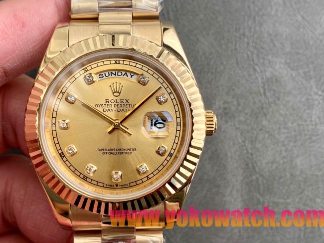 ロレックスコピー デイデイト（Day-Date）41mm 228238“ゴールド・ダイヤル＋ダイヤモンドインデックス＋イエローゴールドケース＋オysterブレスレット” レディース専用モデル