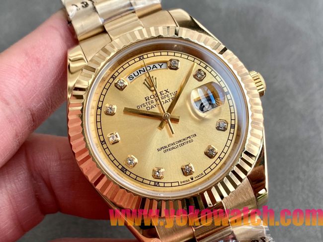 ロレックスコピー デイデイト（Day-Date）41mm 228238“ゴールド・ダイヤル＋ダイヤモンドインデックス＋イエローゴールドケース＋オysterブレスレット” レディース専用モデル