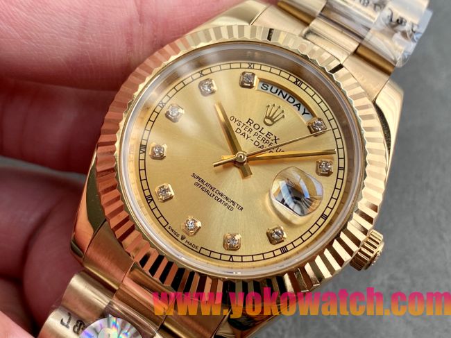 ロレックスコピー デイデイト（Day-Date）41mm 228238“ゴールド・ダイヤル＋ダイヤモンドインデックス＋イエローゴールドケース＋オysterブレスレット” レディース専用モデル