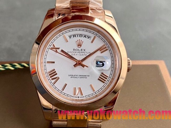 ロレックスコピー デイデイト（Day-Date）41mm 228238“ホワイト・ダイヤル＋ローズゴールドインデックス＋イエローゴールドケース＋オysterブレスレット” レディース専用モデル