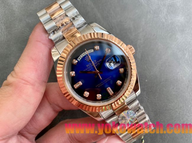 ロレックスコピー デイデイト（Day-Date）41mm 228238“ブルー・ダイヤル＋ダイヤモンド＆ローズゴールドインデックス＋イエローゴールドベゼル＋ステンレスブレスレット” レディース専用モデル