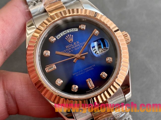 ロレックスコピー デイデイト（Day-Date）41mm 228238“ブルー・ダイヤル＋ダイヤモンド＆ローズゴールドインデックス＋イエローゴールドベゼル＋ステンレスブレスレット” レディース専用モデル