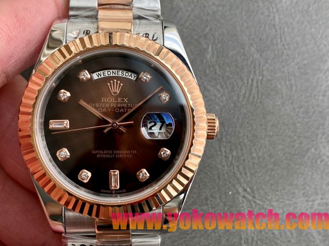 ロレックスコピー デイデイト（Day-Date）41mm 228238“ブラック・ダイヤル＋ダイヤモンド＆ローズゴールドインデックス＋イエローゴールドベゼル＋ステンレスブレスレット” レディース専用モデル