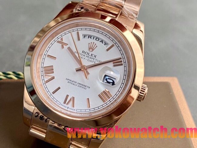 ロレックスコピー デイデイト（Day-Date）41mm 228238“ホワイト・ダイヤル＋ローズゴールドインデックス＋イエローゴールドケース＋オysterブレスレット” レディース専用モデル
