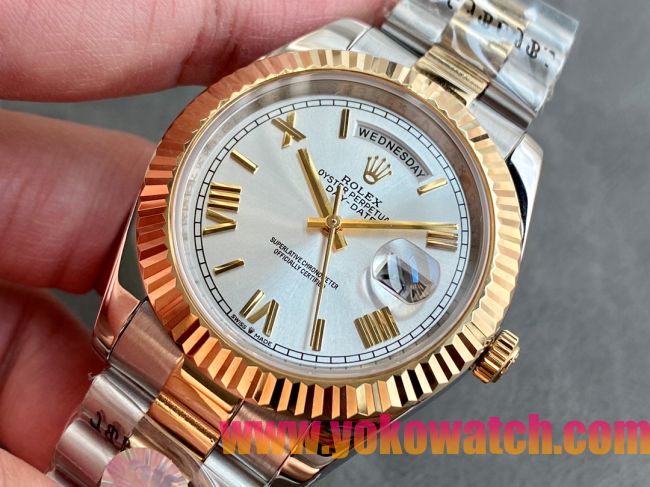 ロレックスコピー デイデイト（Day-Date）41mm 228238“シルバー・ダイヤル＋ゴールドインデックス＋イエローゴールドベゼル＋ステンレスブレスレット” レディース専用モデル