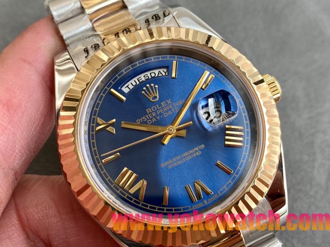 ロレックスコピー デイデイト（Day-Date）41mm 228238“ブルー・ダイヤル＋ゴールドインデックス＋イエローゴールドベゼル＋ステンレスブレスレット” レディース専用モデル