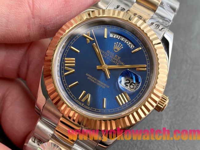 ロレックスコピー デイデイト（Day-Date）41mm 228238“ブルー・ダイヤル＋ゴールドインデックス＋イエローゴールドベゼル＋ステンレスブレスレット” レディース専用モデル