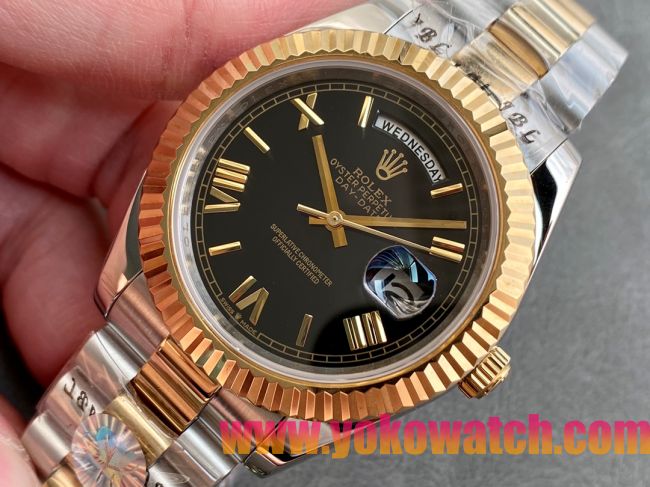 ロレックスコピー デイデイト（Day-Date）41mm 228238“ブラック・ダイヤル＋ゴールドインデックス＋イエローゴールドベゼル＋ステンレスブレスレット” レディース専用モデル