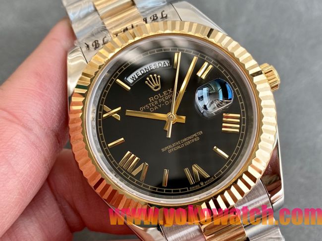 ロレックスコピー デイデイト（Day-Date）41mm 228238“ブラック・ダイヤル＋ゴールドインデックス＋イエローゴールドベゼル＋ステンレスブレスレット” レディース専用モデル