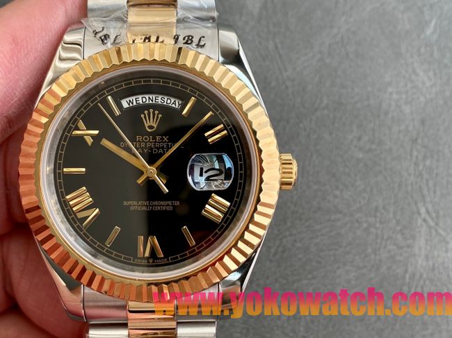 ロレックスコピー デイデイト（Day-Date）41mm 228238“ブラック・ダイヤル＋ゴールドインデックス＋イエローゴールドベゼル＋ステンレスブレスレット” レディース専用モデル