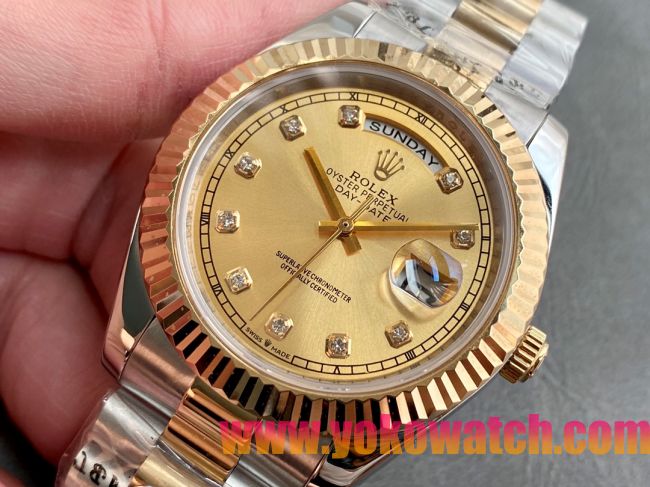 ロレックスコピー デイデイト（Day-Date）41mm 228238“ゴールド・ダイヤル＋ダイヤモンドインデックス＋イエローゴールドベゼル＋ステンレスブレスレット” レディース専用モデル