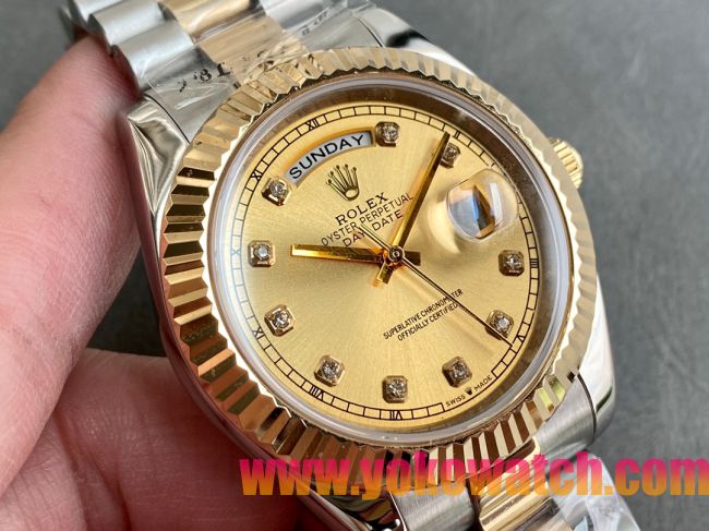 ロレックスコピー デイデイト（Day-Date）41mm 228238“ゴールド・ダイヤル＋ダイヤモンドインデックス＋イエローゴールドベゼル＋ステンレスブレスレット” レディース専用モデル