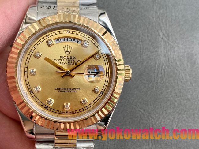 ロレックスコピー デイデイト（Day-Date）41mm 228238“ゴールド・ダイヤル＋ダイヤモンドインデックス＋イエローゴールドベゼル＋ステンレスブレスレット” レディース専用モデル