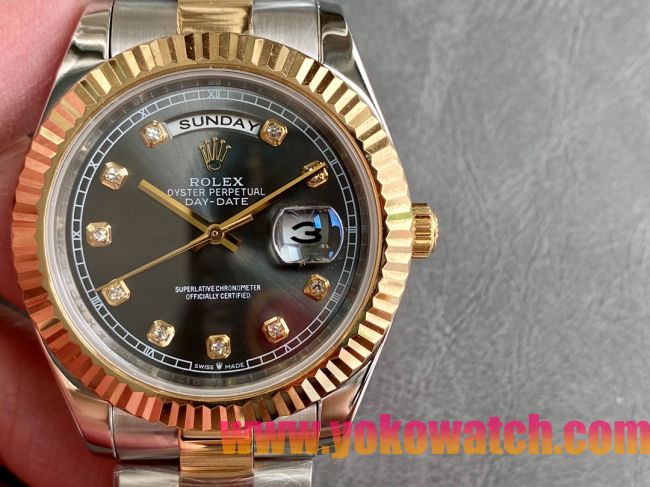 ロレックスコピー デイデイト（Day-Date）41mm 228235“ブラック・ダイヤル＋ダイヤモンドインデックス＋ゴールドベゼル＋ステンレスブレスレット” レディース専用モデル