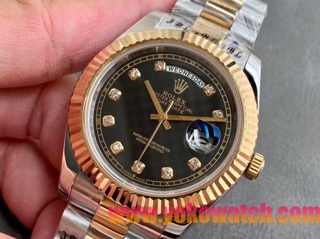 ロレックスコピー デイデイト（Day-Date）41mm 228235“ブラック・ダイヤル＋ダイヤモンドインデックス＋ゴールドベゼル＋ステンレスブレスレット” レディース専用モデル