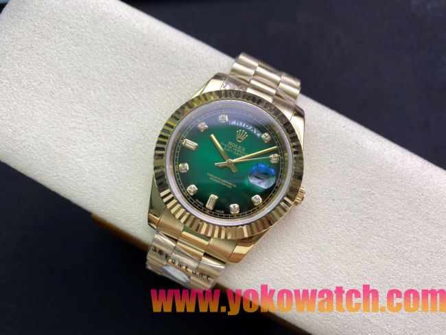 ロレックスコピー デイデイト（Day-Date）41mm 228235“グリーン・ダイヤル＋ダイヤモンド＆バーインデックス＋ゴールドベゼル＋ゴールドブレスレット” レディース専用モデル