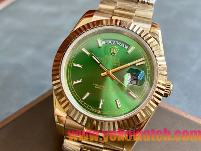 ロレックスコピー デイデイト（Day-Date）41mm 228235“グリーン・ダイヤル＋バーインデックス＋ゴールドベゼル＋ゴールドブレスレット” レディース専用モデル