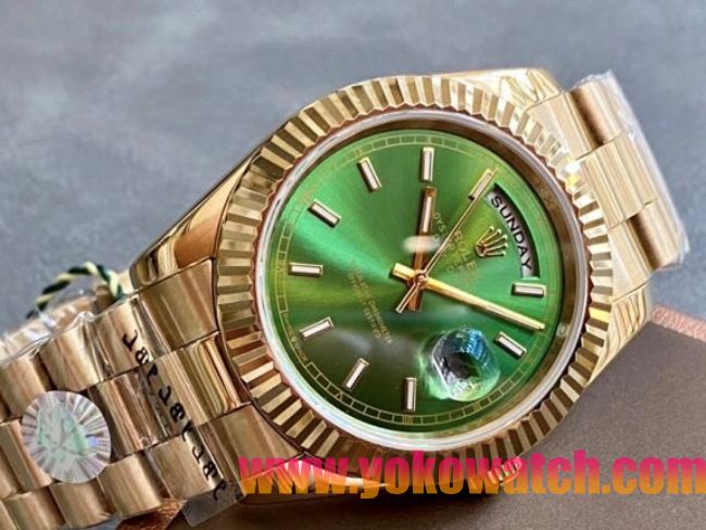 ロレックスコピー デイデイト（Day-Date）41mm 228235“グリーン・ダイヤル＋バーインデックス＋ゴールドベゼル＋ゴールドブレスレット” レディース専用モデル