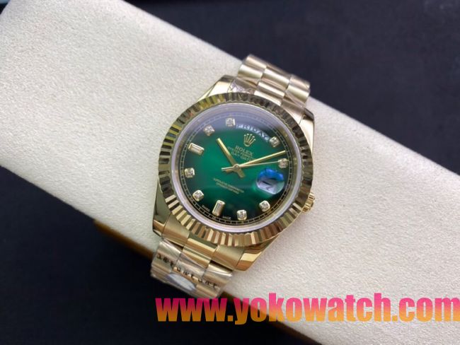 ロレックスコピー デイデイト（Day-Date）41mm 228235“グリーン・ダイヤル＋ダイヤモンド＆バーインデックス＋ゴールドベゼル＋ゴールドブレスレット” レディース専用モデル 