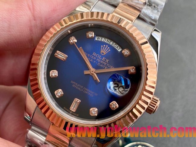 ロレックスコピー デイデイト（Day-Date）41mm 228235R“ブルー・ダイヤル＋ダイヤモンド＆バーインデックス＋ローズゴールドベゼル＋ステンレスブレスレット” レディース専用モデル