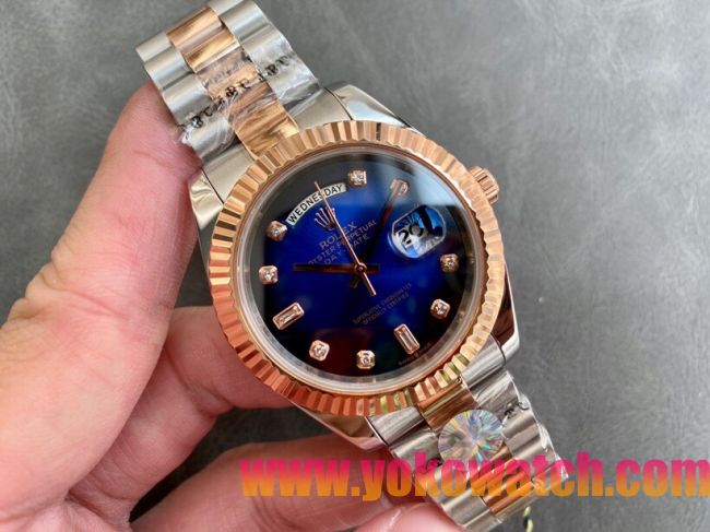 ロレックスコピー デイデイト（Day-Date）41mm 228235R“ブルー・ダイヤル＋ダイヤモンド＆バーインデックス＋ローズゴールドベゼル＋ステンレスブレスレット” レディース専用モデル
