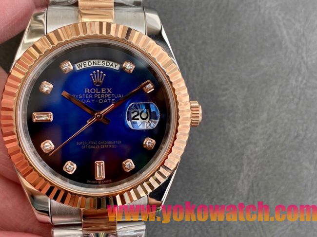 ロレックスコピー デイデイト（Day-Date）41mm 228235R“ブルー・ダイヤル＋ダイヤモンド＆バーインデックス＋ローズゴールドベゼル＋ステンレスブレスレット” レディース専用モデル