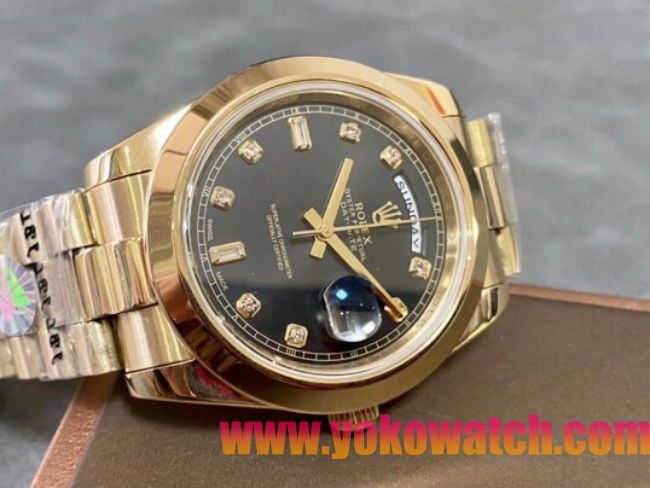 ロレックスコピー デイデイト（Day-Date）41mm 228238“ブラック・ダイヤル＋ダイヤモンド＆バーインデックス＋イエローゴールドベゼル＋イエローゴールドブレスレット” レディース専用モデル