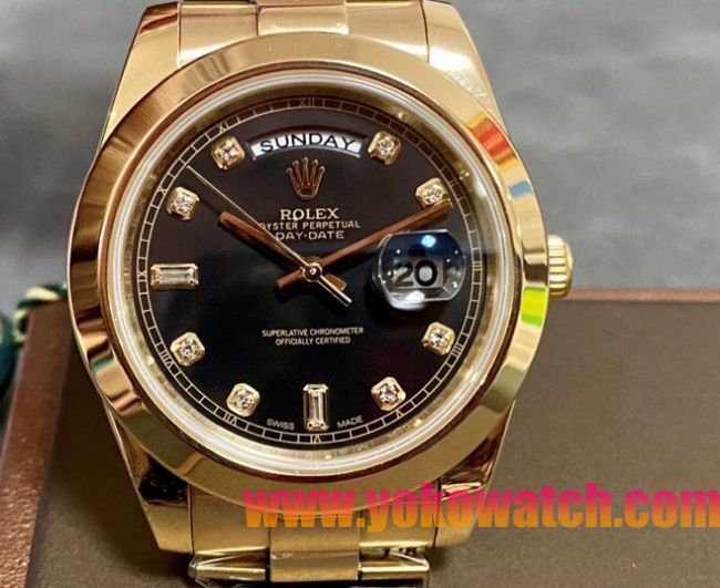 ロレックスコピー デイデイト（Day-Date）41mm 228238“ブラック・ダイヤル＋ダイヤモンド＆バーインデックス＋イエローゴールドベゼル＋イエローゴールドブレスレット” レディース専用モデル