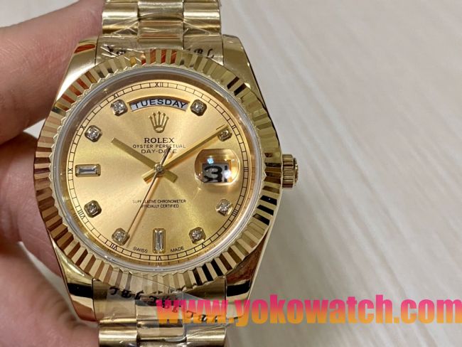 ロレックスコピー デイデイト（Day-Date）41mm 228235R“ゴールド・ダイヤル＋ダイヤモンドインデックス＋イエローゴールドベゼル＋ステンレスブレスレット” レディース専用モデル