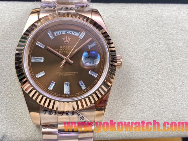 ロレックスコピー デイデイト（Day-Date）41mm 228235“ブラウン・ダイヤル＋ダイヤモンドインデックス＋イエローゴールドベゼル＋イエローゴールドブレスレット” レディース専用モデル 