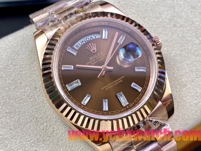 ロレックスコピー デイデイト（Day-Date）41mm 228235“ブラウン・ダイヤル＋ダイヤモンドインデックス＋イエローゴールドベゼル＋イエローゴールドブレスレット” レディース専用モデル 