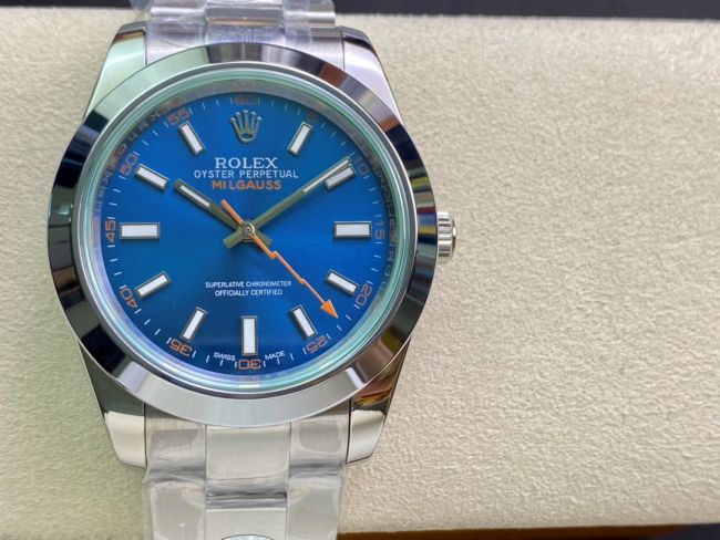 ロレックスコピー ミルガウス（Oyster Perpetual Milgauss）41mm 116400“ブルー・ダイヤル＋オレンジ・秒針＋グリーン・サファイアガラス＋316Lスチールブレスレット” メンズ専用モデル