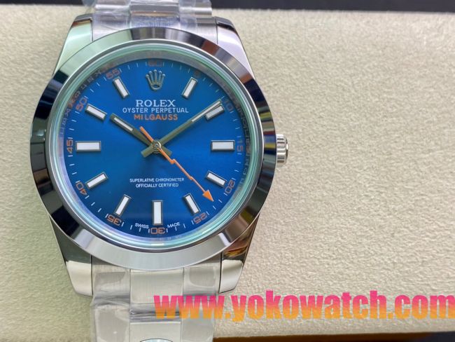 ロレックスコピー ミルガウス（Oyster Perpetual Milgauss）41mm 116400“ブルー・ダイヤル＋オレンジ・秒針＋グリーン・サファイアガラス＋316Lスチールブレスレット” メンズ専用モデル