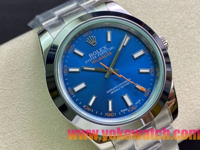 ロレックスコピー ミルガウス（Oyster Perpetual Milgauss）41mm 116400“ブルー・ダイヤル＋オレンジ・秒針＋グリーン・サファイアガラス＋316Lスチールブレスレット” メンズ専用モデル